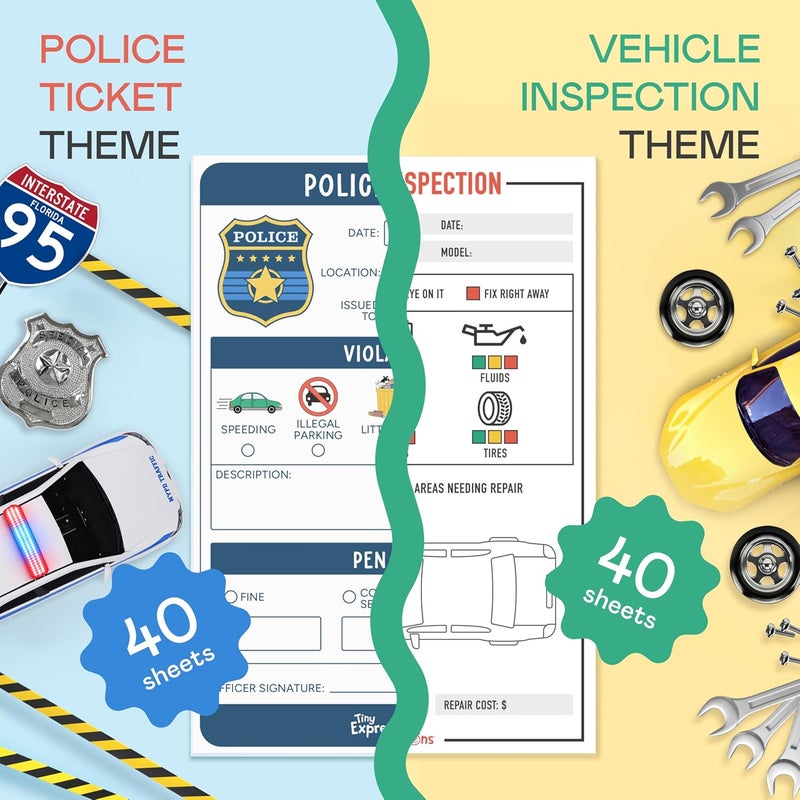 Tiny Expressions Play Notepads - 2-Pack Kids Pretend Play Notepads - 40 Pages Police Ticket & 40 Pages Vehicle Inspection Pads - Police Officer & Mechanic Imaginative Role Play - Image 2